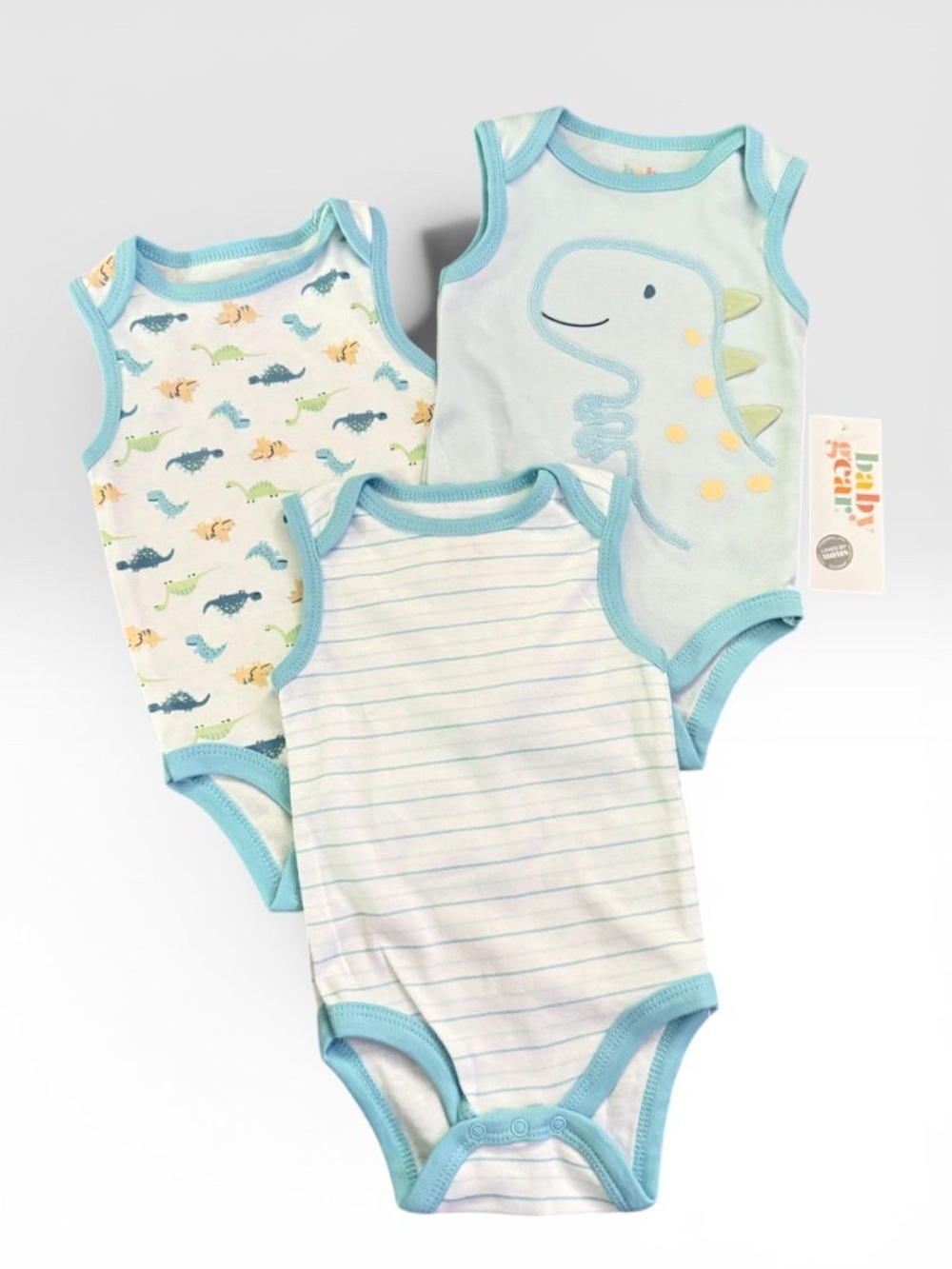Baby Blue Dino Sleeveless One-Piece Bodysuit - 3 Pack